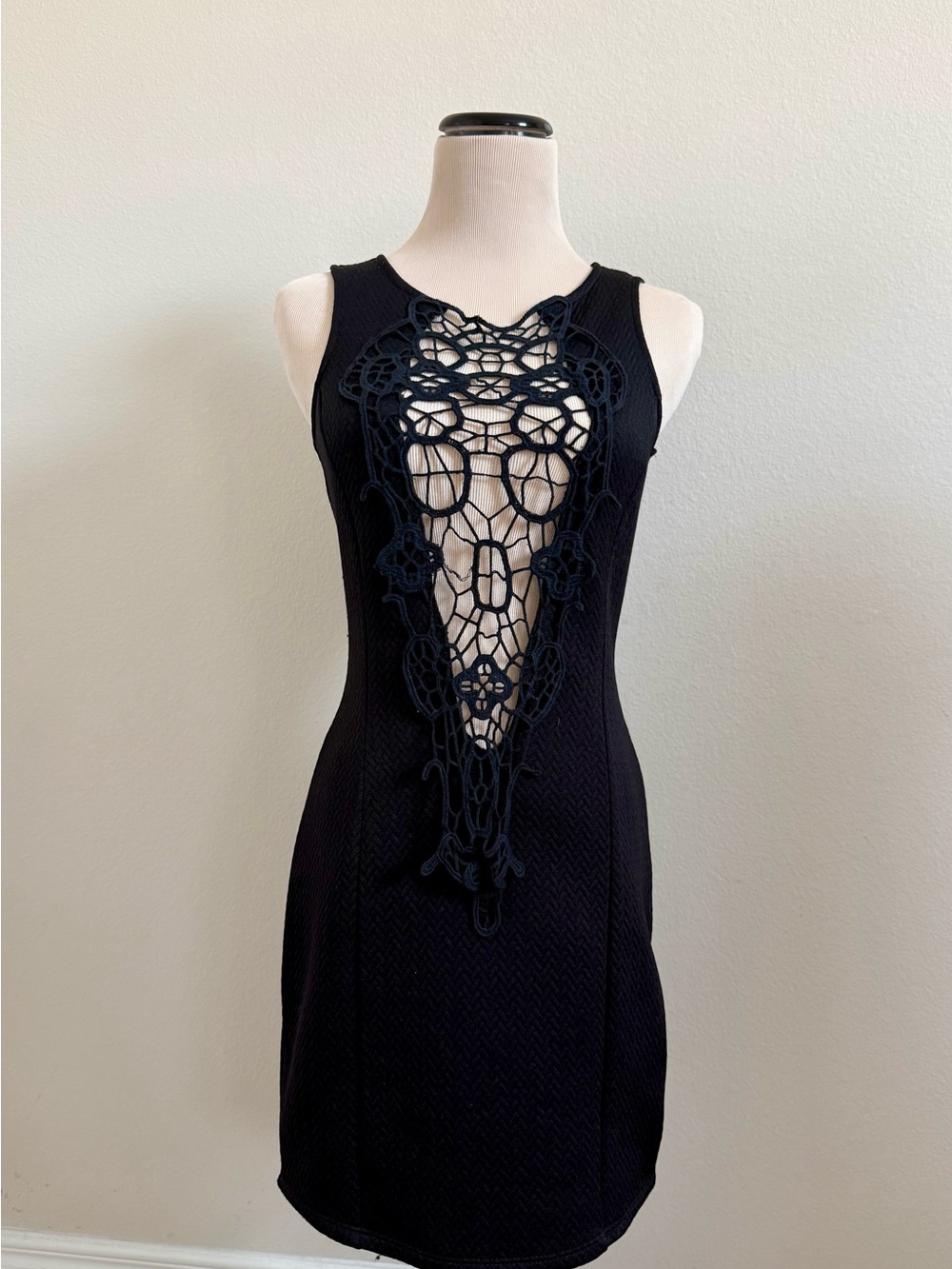 Black Sleeveless Crochet Lace Detail Mini Bodycon Dress Size S